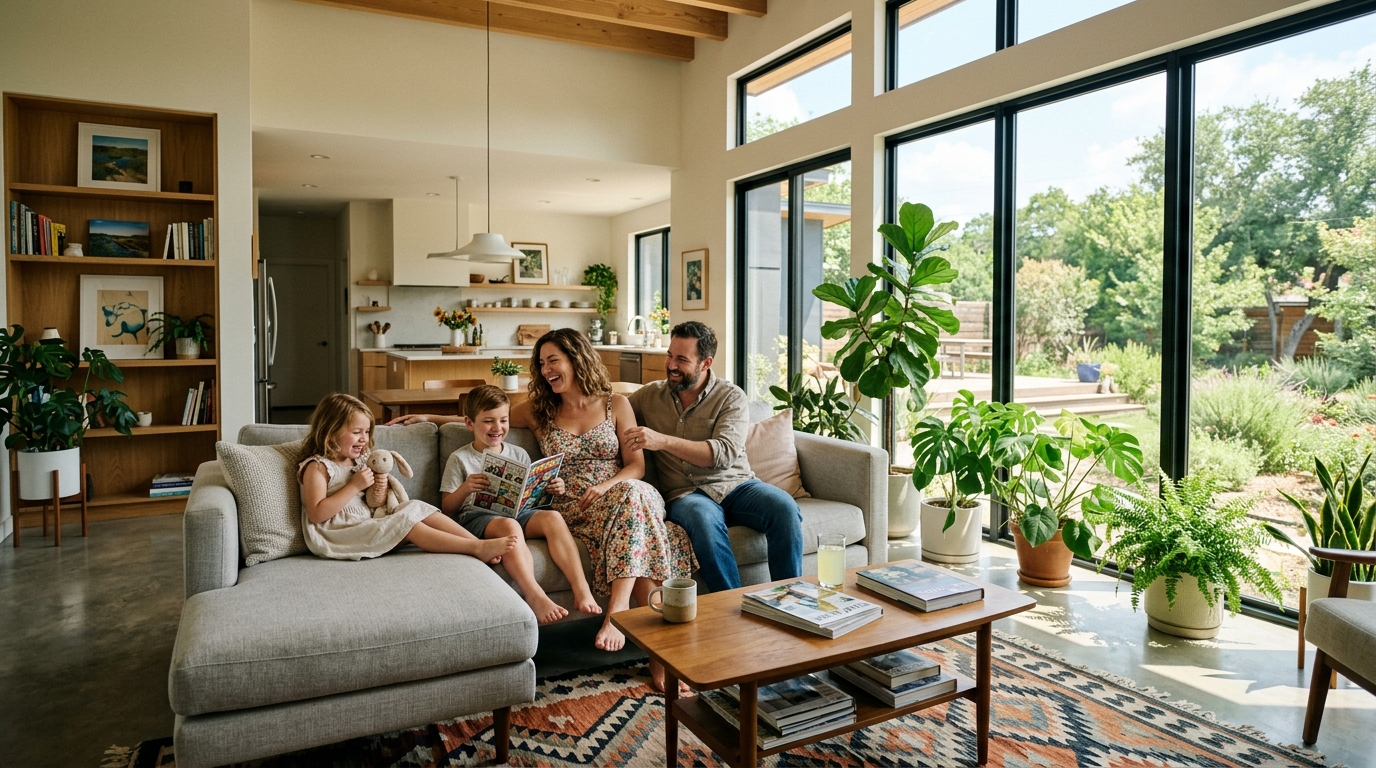 Family relaxing in a cool, comfortable home