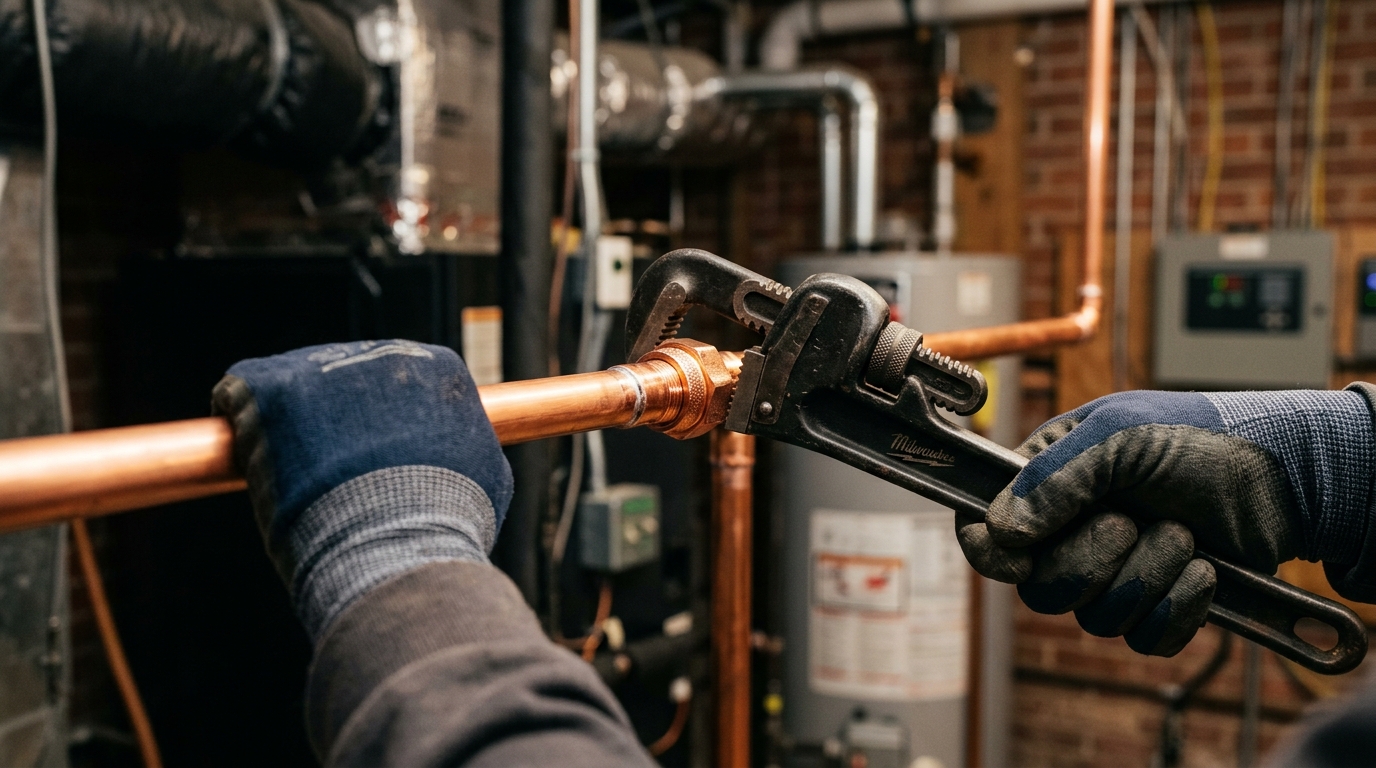 Copper pipe repair with pipe wrench